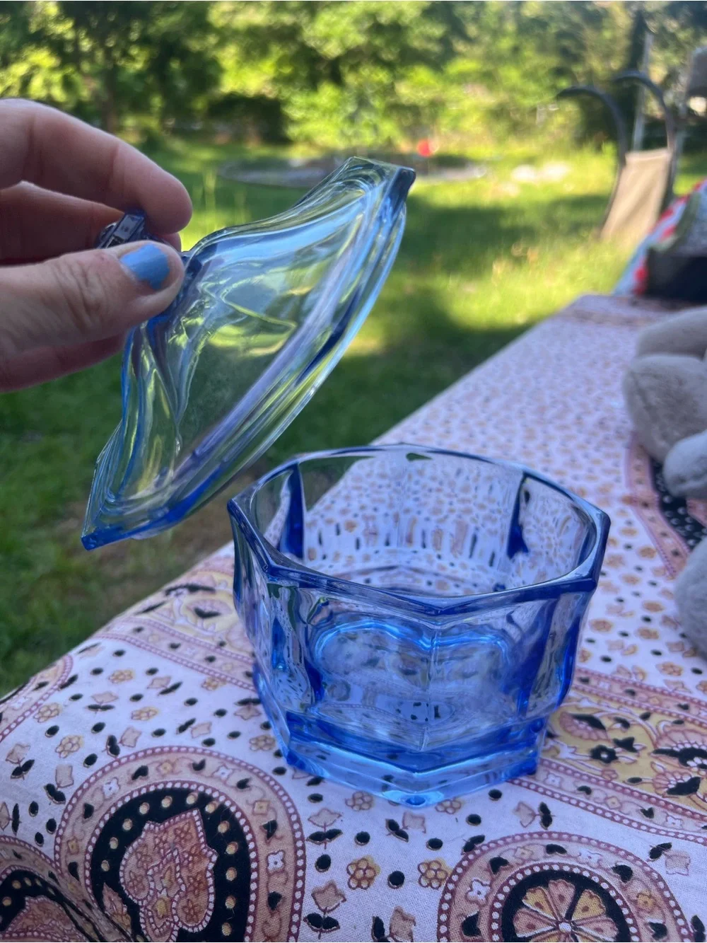 Vintage Indiana Glass Concord Blue Octagon Lidded Candy Dish | Retro Art Glass